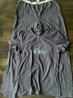 Calvin Klein Blue Logo Pajama Set with Tiny White Hearts